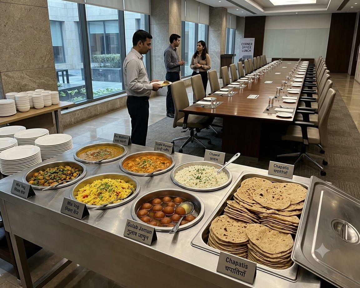Corporate lunch buffet served by Prashadam Food in an office