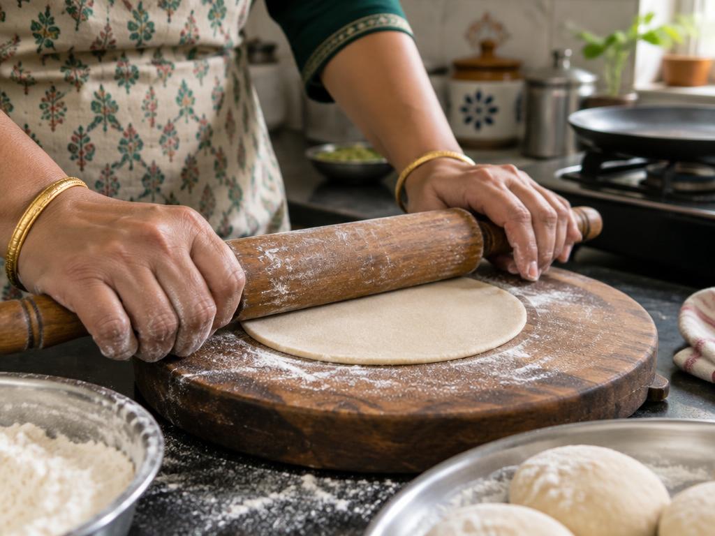Hands rolling fresh chapati dough on a wooden board