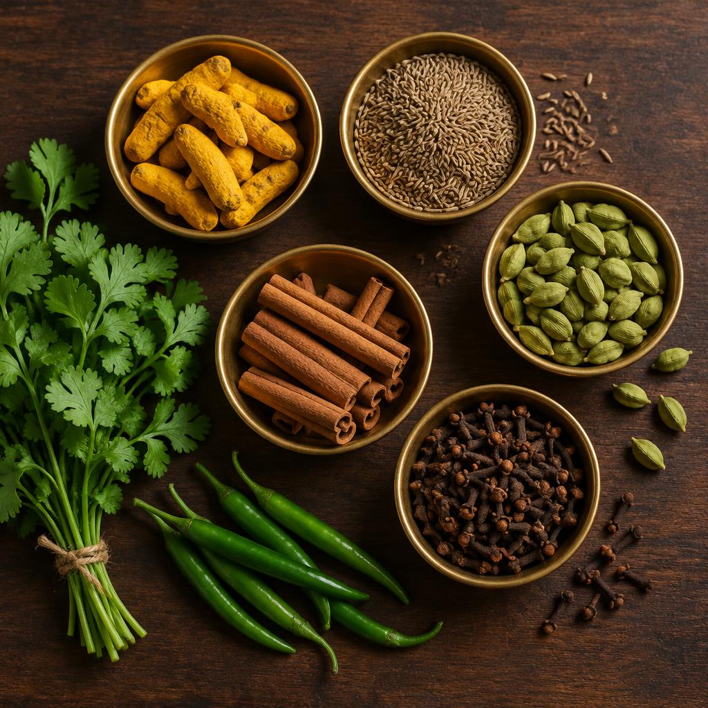 Whole spices in brass bowls with coriander and green chillies