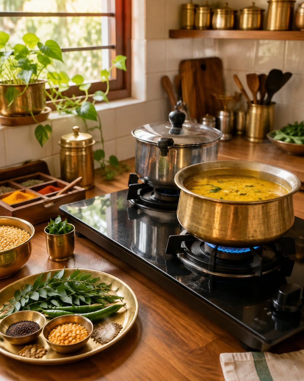 Dal simmering in a brass pot in a clean Satvik kitchen